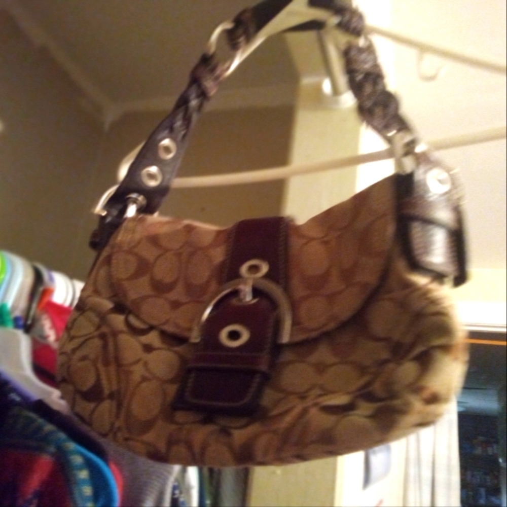 Coach Brown Quilted Shoulder Bag with Metal Hardware And A Braided Strap